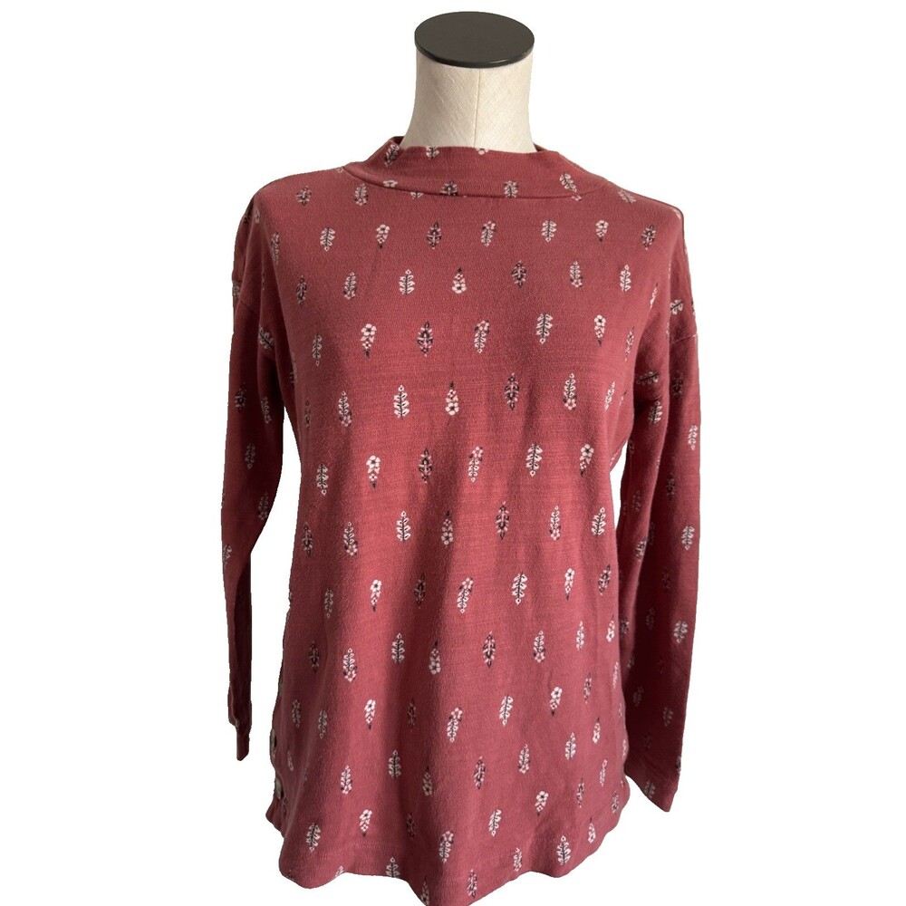 Loft Mock Neck Long Sleeve Shirt Rust Floral Small Top